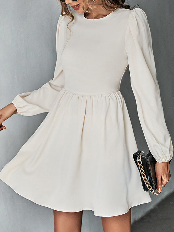 A-line Bishop Sleeve Backless Elasticity Hollow Pleated Color Tied Round-neck Mini Dresses