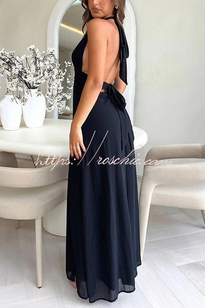 V-neck Backless Waist Tie High Slit Maxi Dress