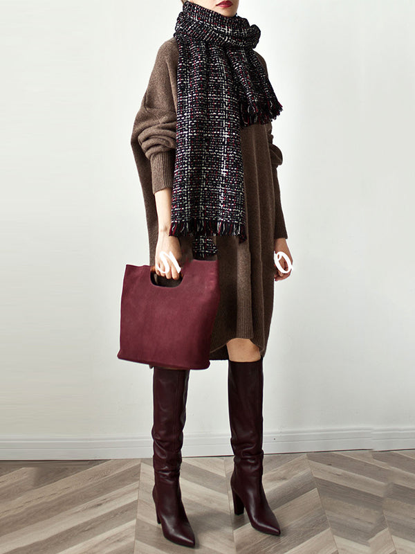 Stylish Loose Camel V-neck Long Sleeve Sweater Dress Qx006