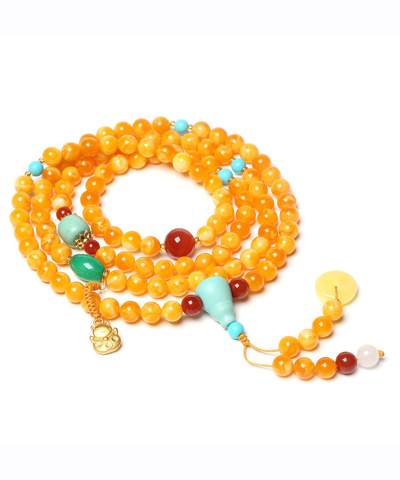 Yellow Jade Amber Beeswax Beading Tassel Pendant Necklace