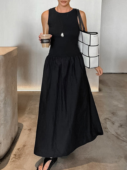A-line Sleeveless Color Split-joint Round-neck Maxi Dresses