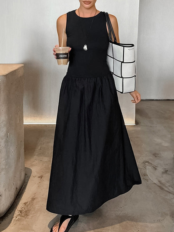 A-line Sleeveless Color Split-joint Round-neck Maxi Dresses