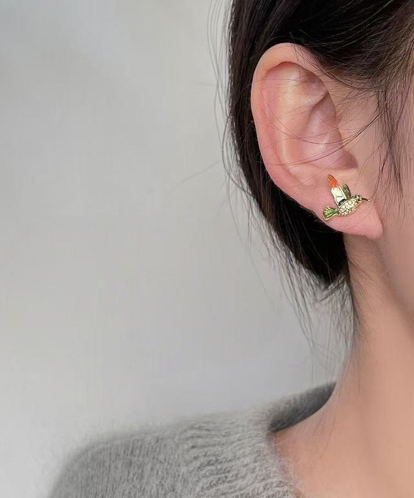 Green Copper Alloy Zircon Enamel Drop Glaze Little Brid Stud Earrings