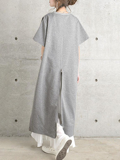 Loose Short Sleeves Pleated Color Split-joint Round-neck Midi Dresses