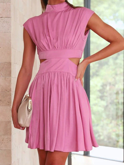 Skinny Belly-hollow Pleated Color Stand Collar Mini Dresses