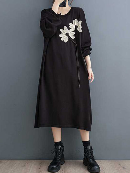 A-line Long Sleeves Flower Print Keep Warm Round-neck Midi Dresses
