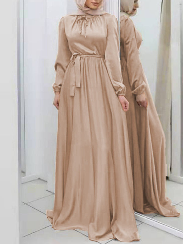 Long Sleeves Loose Pleated Color Tied Waist Maxi Dresses
