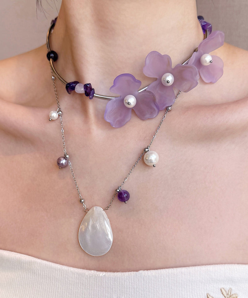 Purple Pearl Shell Alloy Two Piece Set Pendant Necklace