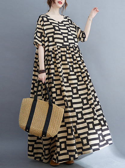 Loose Short Sleeves Plaid Round-neck Midi Dresses