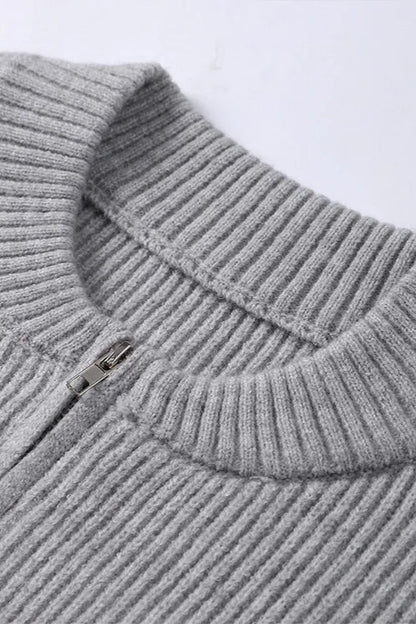 Pleated Knit O Neck Zipper Cardigan