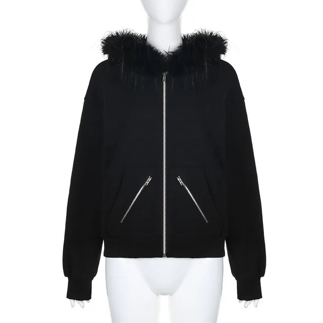 Zip Up Hoodie Black Feather Splice Long Sleeve Loose Sweatshirt Woman Street Winter Cardigan Femme New