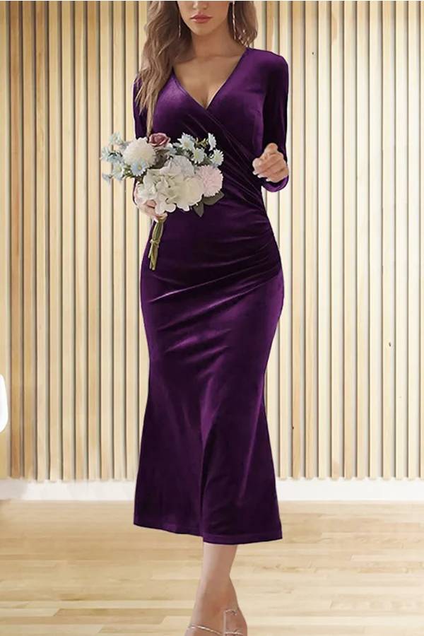 Velvet Long Sleeve V Neck Slim Fit Fishtail Maxi Dress