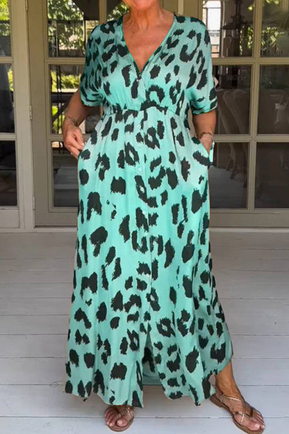 Leopard Print Loose V-neck Short-sleeved Pocket Midi Dress