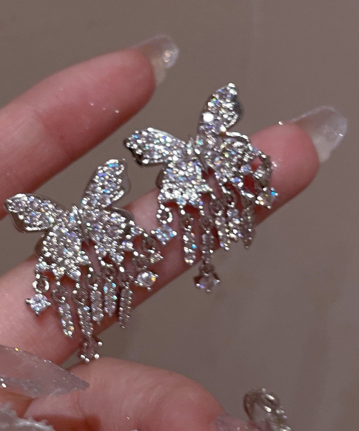 White Sterling Silver Alloy Zircon Butterfly Tassel Drop Earrings