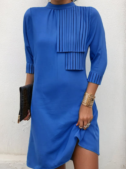 Loose Three-quarter Sleeves Buttoned Pleated Color Split-joint Tasseled Mock Neck Mini Dresses