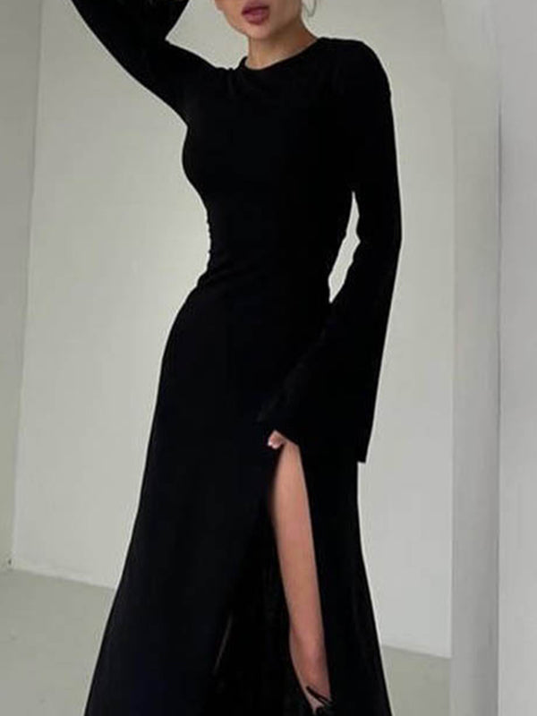 Long Sleeves Loose Asymmetric Color Split-joint Split-side Round-neck Maxi Dresses