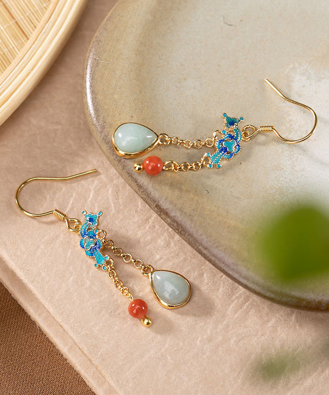 Blue Sterling Silver Gold Plated Cloisonne Jadeite Water Drop Jade Drop Earrings