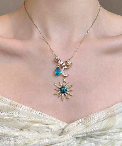 Blue Sun Moon Zircon Alloy Pendant Necklace