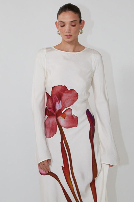 Long Sleeve Print Backless Maxi Dress