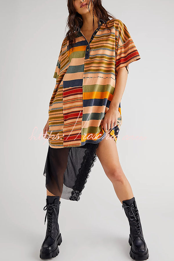 Contrast Striped Patchwork Denim Lapel Loose Mini Dress