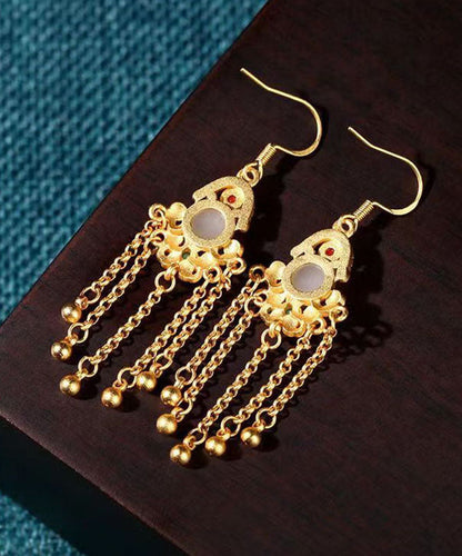 Colorblock Ancient Gold Jade Turquoise Tassel Drop Earrings