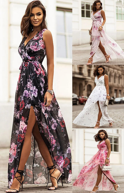 Chiffon Flowers Print Long Dresses V-neck Backless Leace-up Slit Dress Temperament Lady Commuting Vestidos