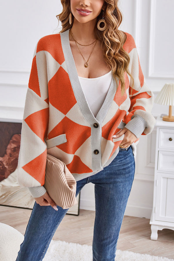V-neck Geometric Patchwork Contrasting Knitted Cardigan Loose Jacket