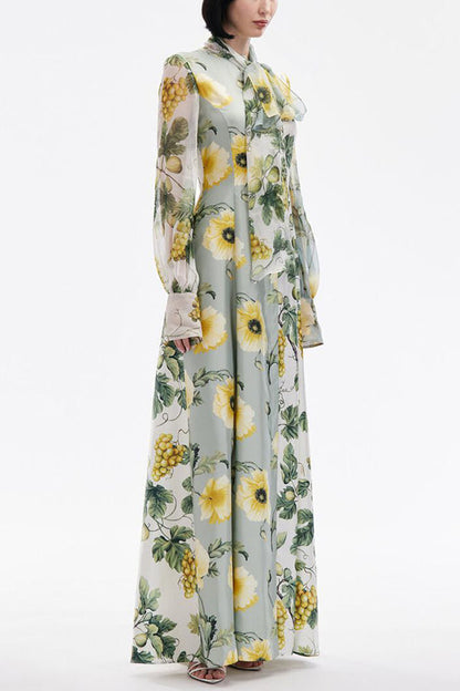 Print Tie Neck Balloon Sleeves Maxi Dress