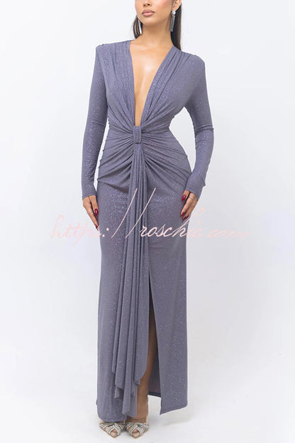 Color Shiny V-neck Long Sleeve Ribbon Slit Slim Fit Maxi Dress