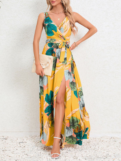 A-line Loose Flower Print Pleated Split-front Tied Waist V-neck Maxi Dresses