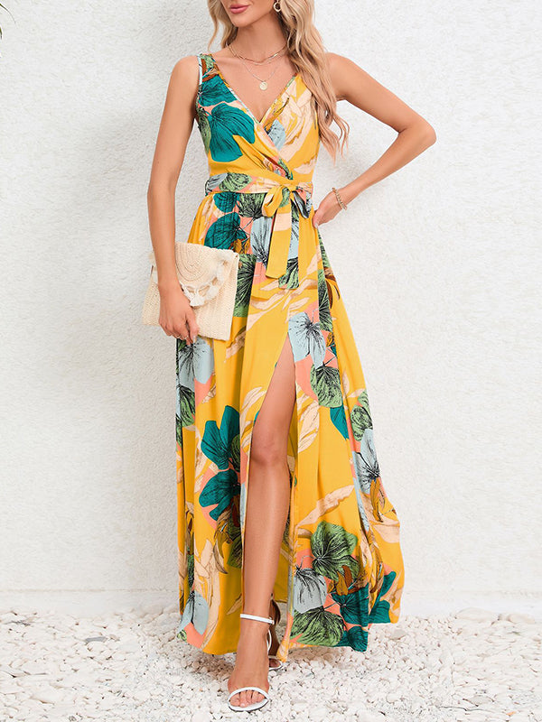 A-line Loose Flower Print Pleated Split-front Tied Waist V-neck Maxi Dresses
