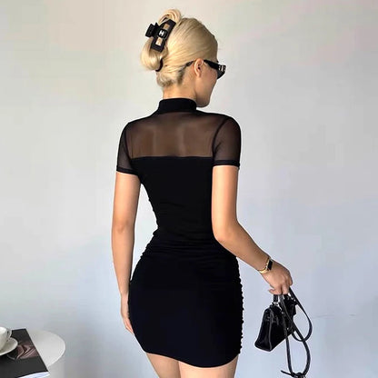 Goth Dark Mock Neck Y2k Bodycon Mini Dress Gothic Mesh Patchwork Sheer Party Dress