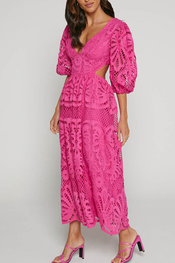 Color V Neck Hollow Lace Waistless Maxi Dress
