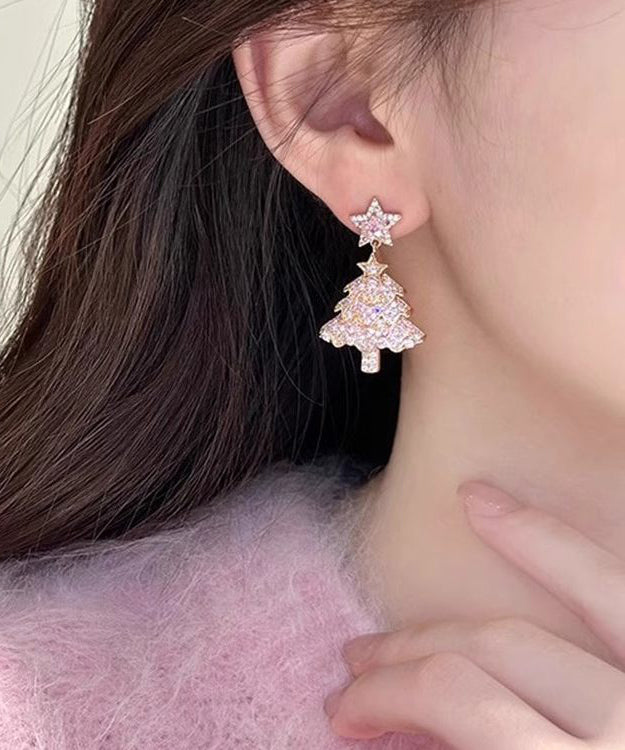 Fine Pink Zircon Christmas Tree Drop Earrings