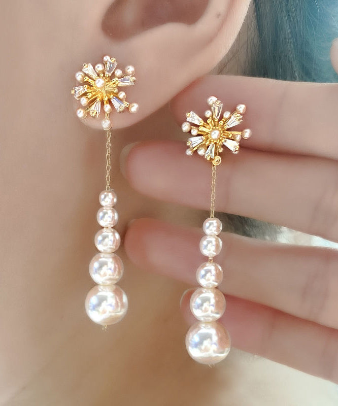 Classy White Alloy Snowflakes Pearl Tassel Drop Earrings