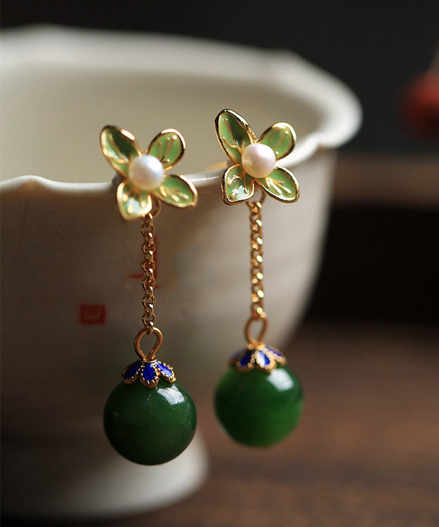 Diy Green Clover Jade Gem Stone Drop Earrings