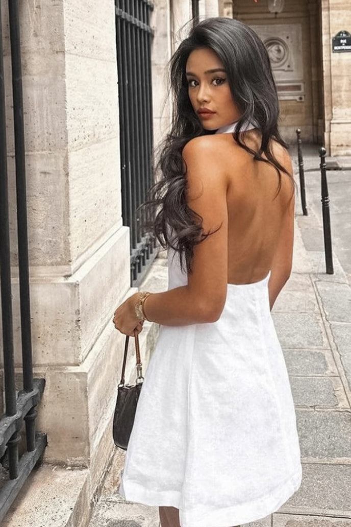 Halter V Neck Button Down a Line Mini Dress