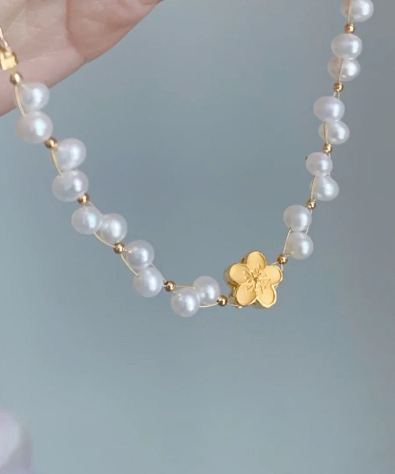 Fine White 14k Gold Pearl Woven Chain Bracelet