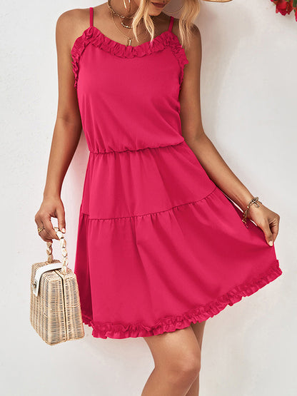 Loose Sleeveless Falbala Color Spaghetti-neck Mini Dresses
