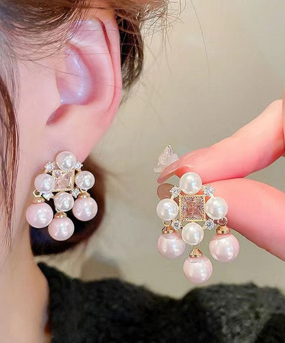 Light Pink Alloy Zircon Pearl Hollow Out Stud Earrings