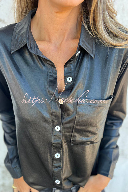 Holiday Look Metallic Loose Pocket Button-down Blouse