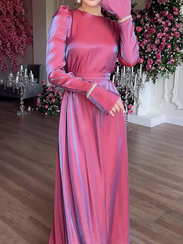 A-line Long Sleeves Pleated Color Tied Waist Zipper Round-neck Maxi Dresses