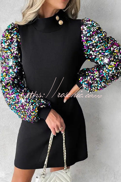 Color Block Turtleneck Balloon Sleeves Sequined Button Mini Dress