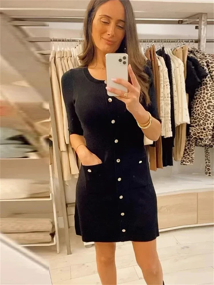 Pocket Knit Female Mini Dress Autumn Ribbed High Waist Patchwork Party Dress Knitwear Cardigan Dress