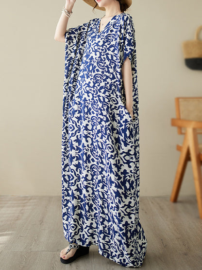Batwing Sleeves Loose Printed V-neck Maxi Dresses