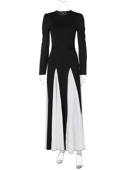 Patchwork Contrast Dress Female Lace-up Party Dress Slim High Waist Bandage Gown ’s Maxi Dress