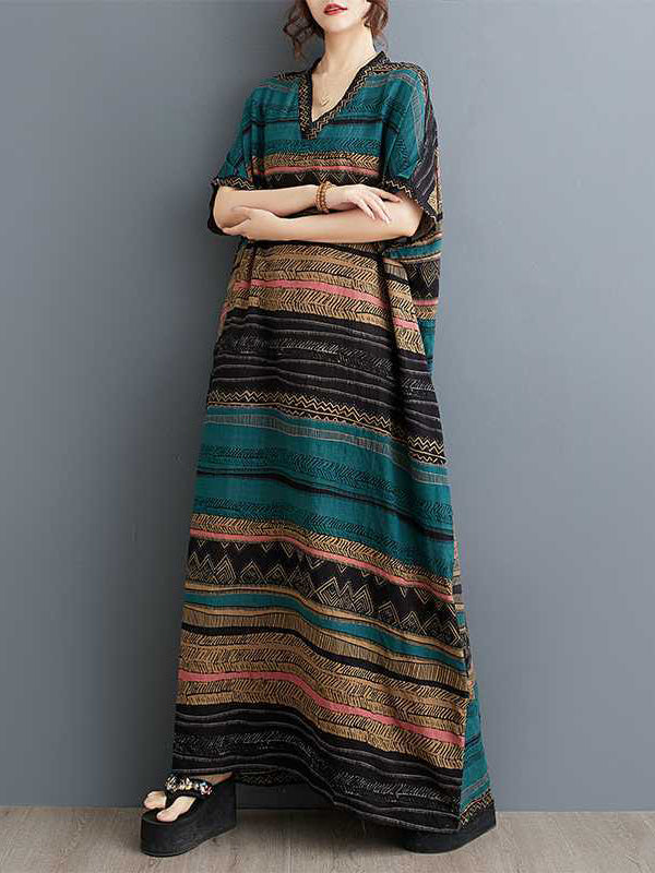 A-line Batwing Sleeves Split-joint Striped V-neck Maxi Dresses