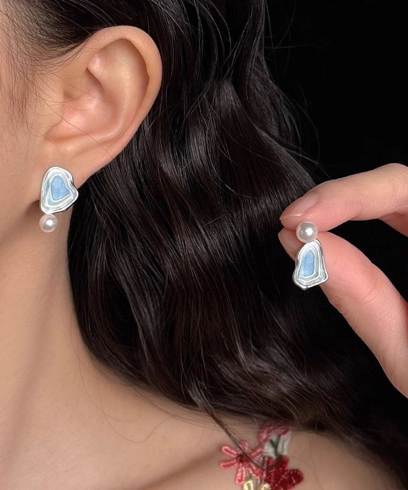 Style Blue Sterling Silver Pearl Drip Glaze Enamel Asymmetrical Stud Earrings
