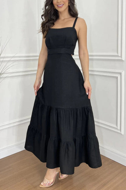 Color Sleeveless Pleated Back Waist-baring Maxi Dress