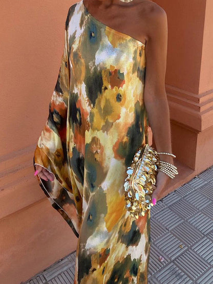 Loose Asymmetric Printed Split-joint One-shoulder Evening Dresses Maxi Dresses